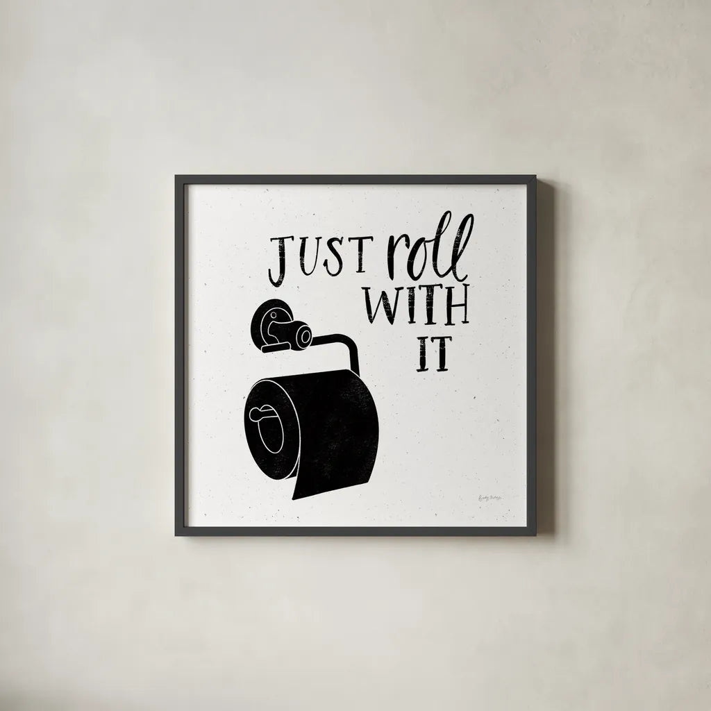 Bathroom Puns V Black Sq by Becky Thorns. Shown in a sleek black glass frame for a contemporary gallery look. Available as an archival giclee rolled canvas, fine art paper, or poster print. SKU 89253a.