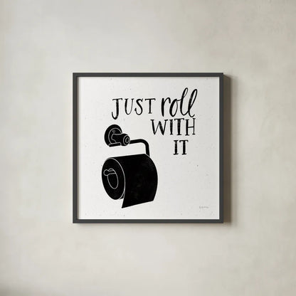 Bathroom Puns V Black Sq by Becky Thorns. Shown in a sleek black glass frame for a contemporary gallery look. Available as an archival giclee rolled canvas, fine art paper, or poster print. SKU 89253a.