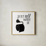 Bathroom Puns V Black Sq by Becky Thorns. Shown in a natural wood glass frame for a timeless modern aesthetic. Available as an archival giclee rolled canvas, fine art paper, or poster print. SKU 89253a.