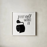 Bathroom Puns V Black Sq by Becky Thorns. Shown in a crisp white glass frame for a clean and minimalist style. Available as an archival giclee rolled canvas, fine art paper, or poster print. SKU 89253a.