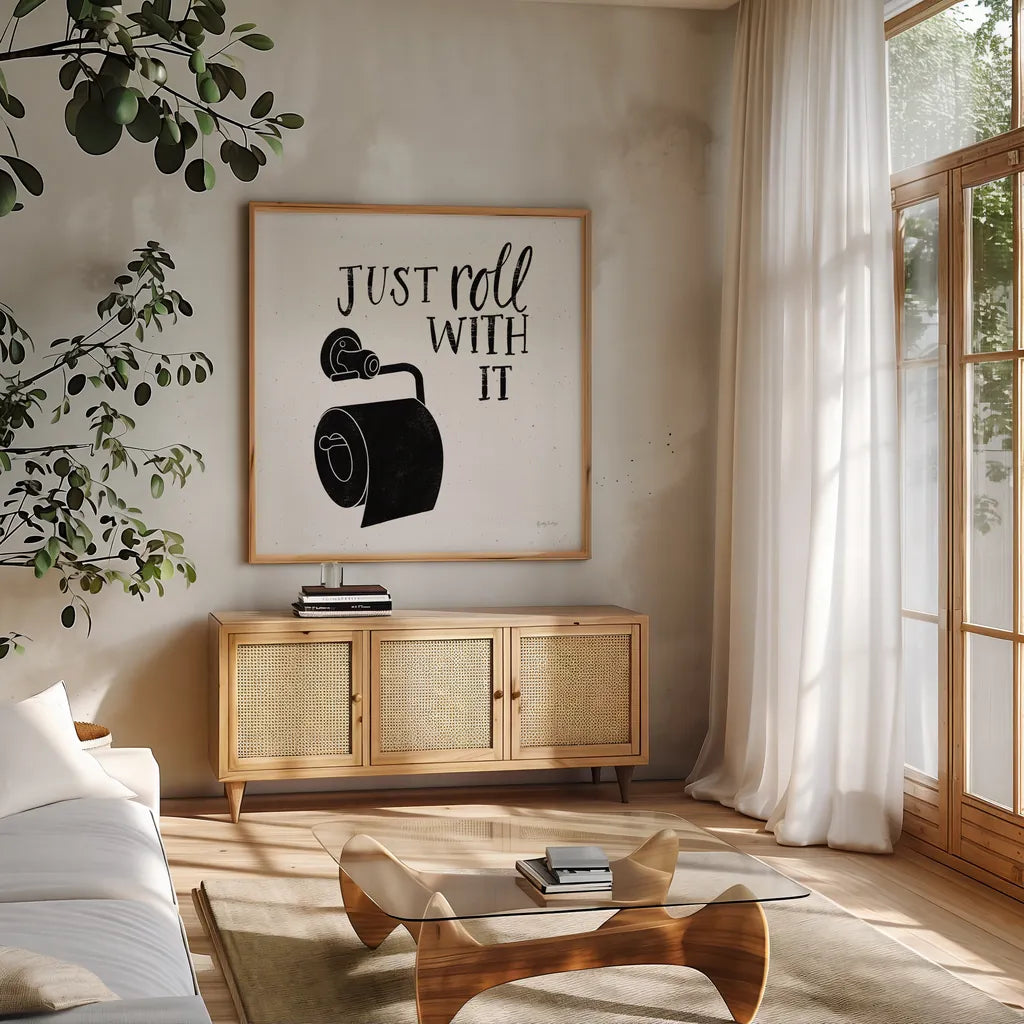 Bathroom Puns V Black Sq by Becky Thorns. Shown in a natural wood frame in a cozy modern living room. Available as an archival giclee rolled canvas, fine art paper, or poster print. SKU 89253a.