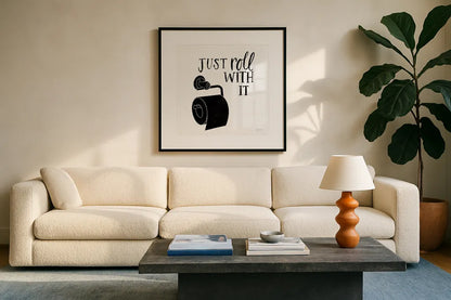 Bathroom Puns V Black Sq by Becky Thorns. Displayed in a glass frame with matte in a clean modern living room. Available as an archival giclee rolled canvas, fine art paper, or poster print. SKU 89253a.