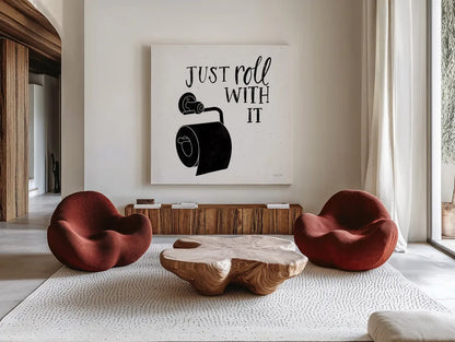Bathroom Puns V Black Sq by Becky Thorns. Shown as extra-large giant wall art in a modern living room. Available as an archival giclee rolled canvas, fine art paper, or poster print. SKU 89253a.