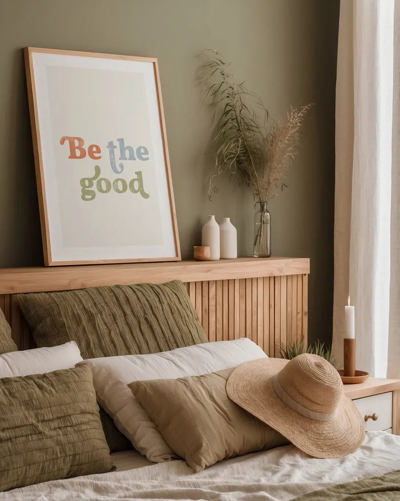 Be the Good II by Becky Thorns. shown as a paper print in a natural frame. Available as a archival giclee rolled canvas, fine art paper, or poster print. SKU 70980h.