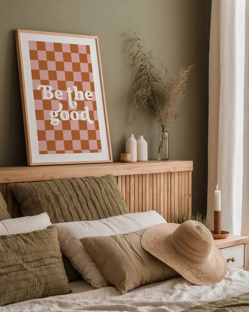 Be the Good II Checkered by Becky Thorns. shown as a paper print in a natural frame. Available as a archival giclee rolled canvas, fine art paper, or poster print. SKU 87458h.