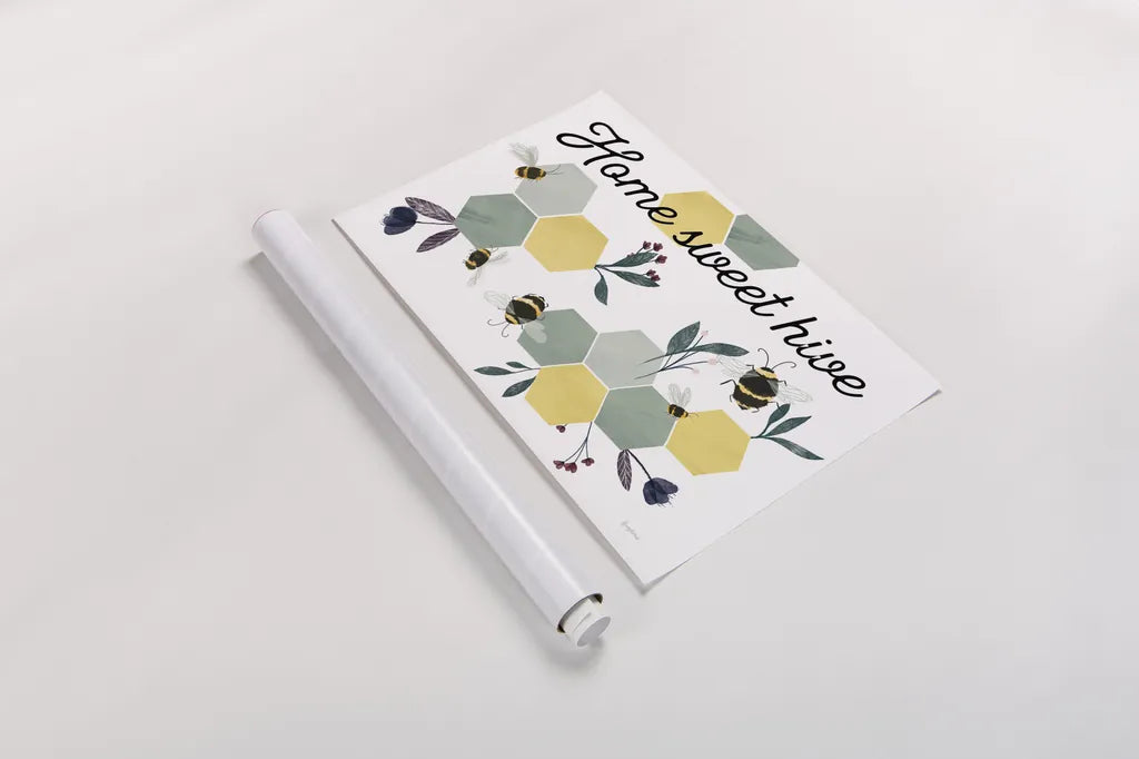 Bees Home Sweet Hive by Becky Thorns. shown as a rolled paper print. Available as archival giclee rolled canvas, fine art paper, or poster print. SKU 71037i.