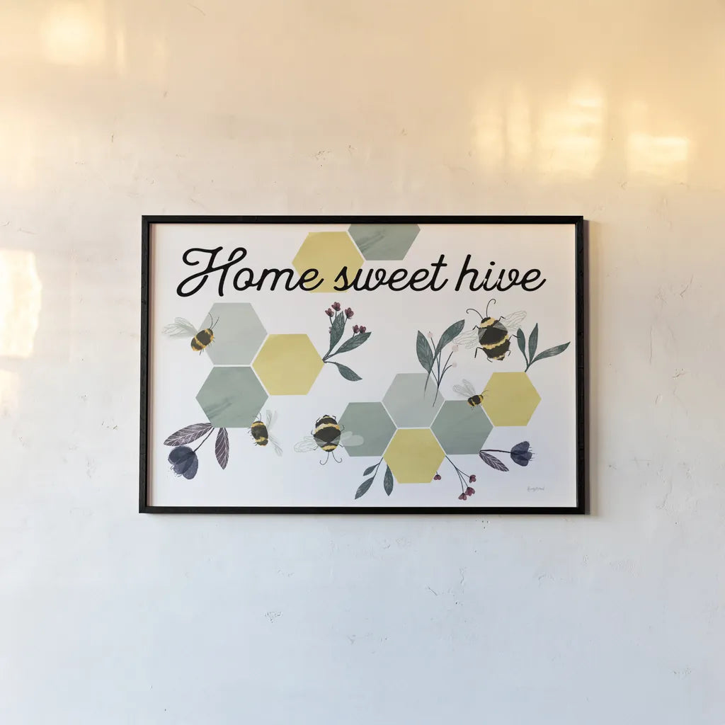 Bees Home Sweet Hive by Becky Thorns. shown as a paper print in a black flame. Available as a archival giclee rolled canvas, fine art paper, or poster print. SKU 71037i.