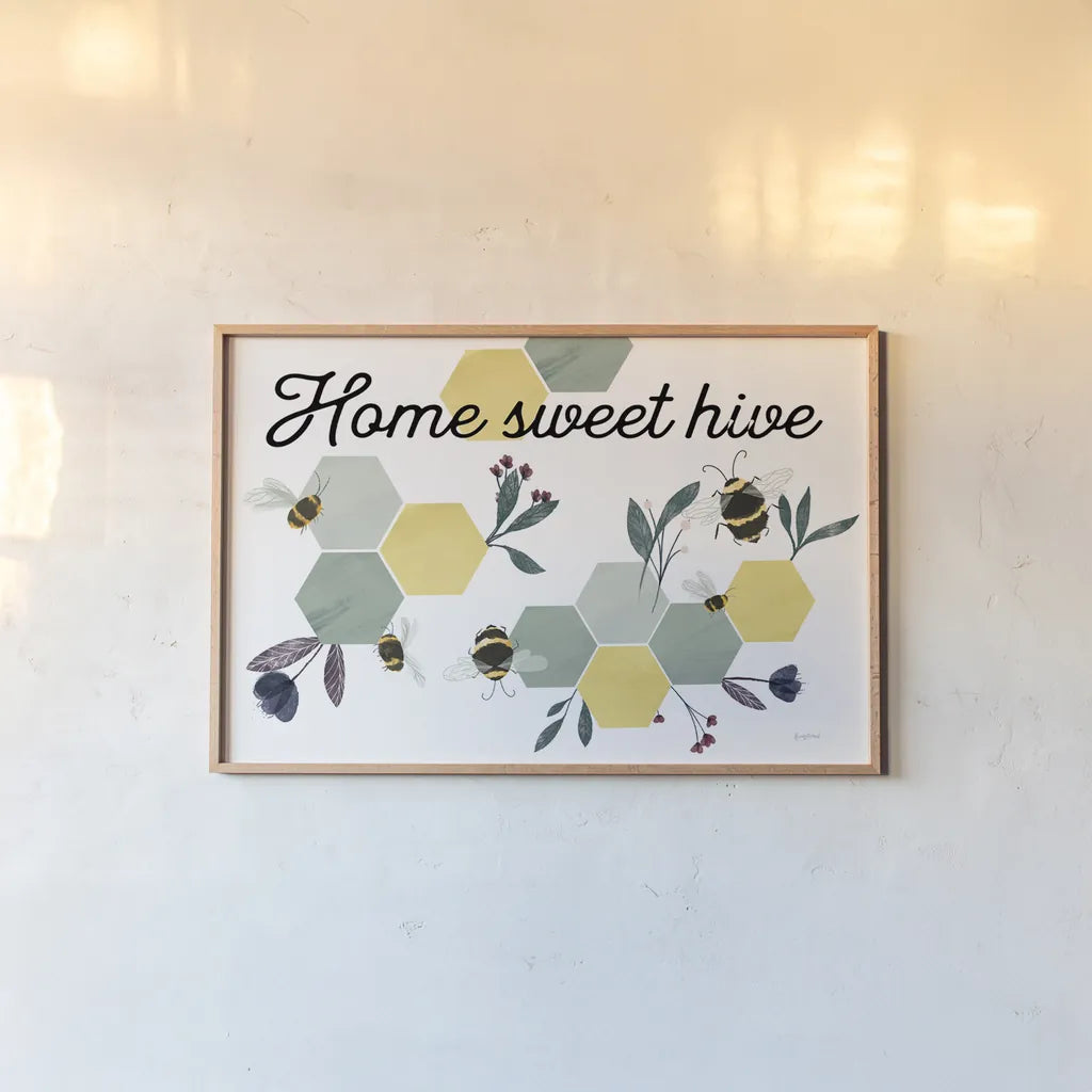 Bees Home Sweet Hive by Becky Thorns. shown as a paper print in a natural frame. Available as a archival giclee rolled canvas, fine art paper, or poster print. SKU 71037i.