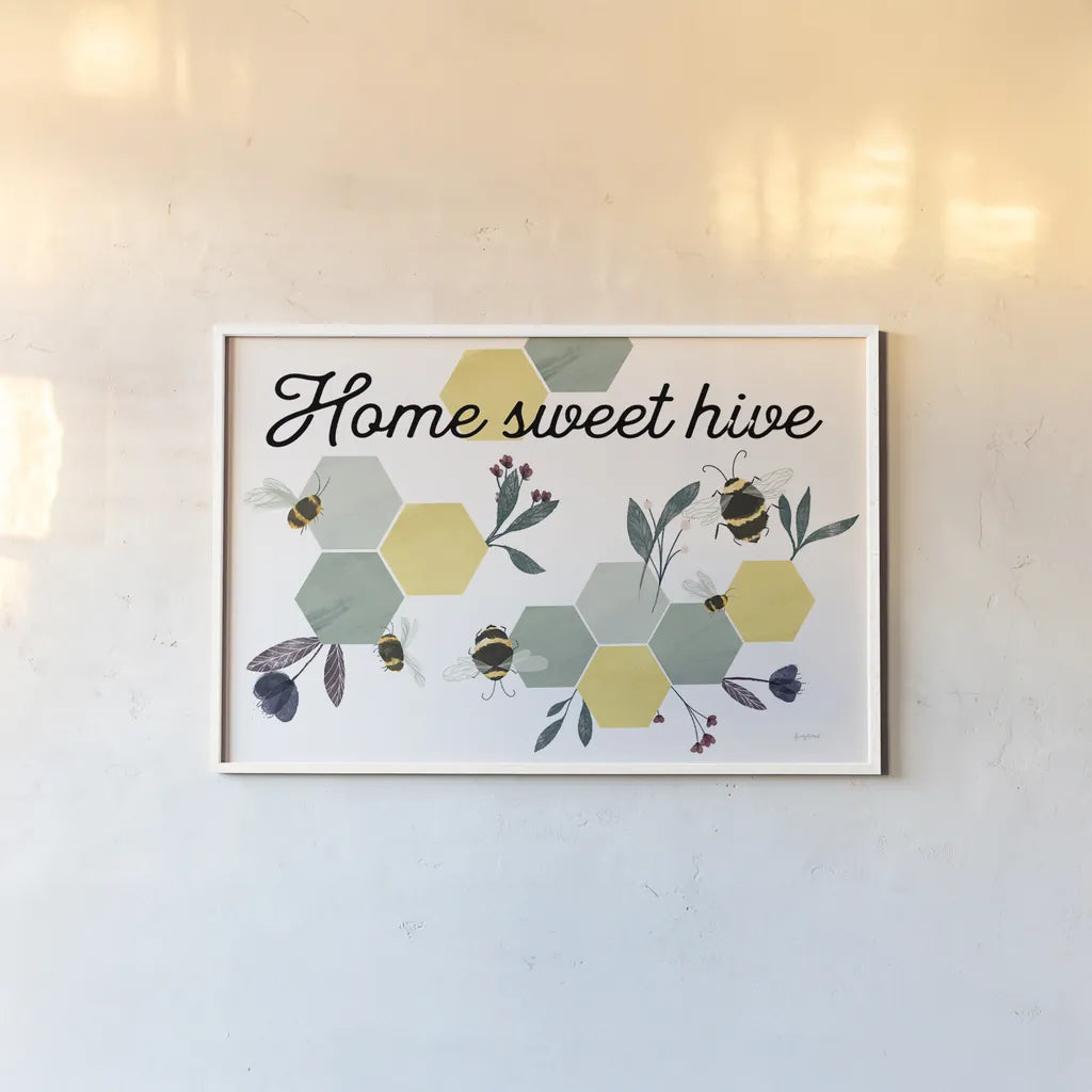 Bees Home Sweet Hive by Becky Thorns. shown as a paper print in a white frame. Available as a archival giclee rolled canvas, fine art paper, or poster print. SKU 71037i.