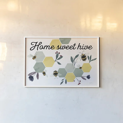 Bees Home Sweet Hive by Becky Thorns. shown as a paper print in a white frame. Available as a archival giclee rolled canvas, fine art paper, or poster print. SKU 71037i.
