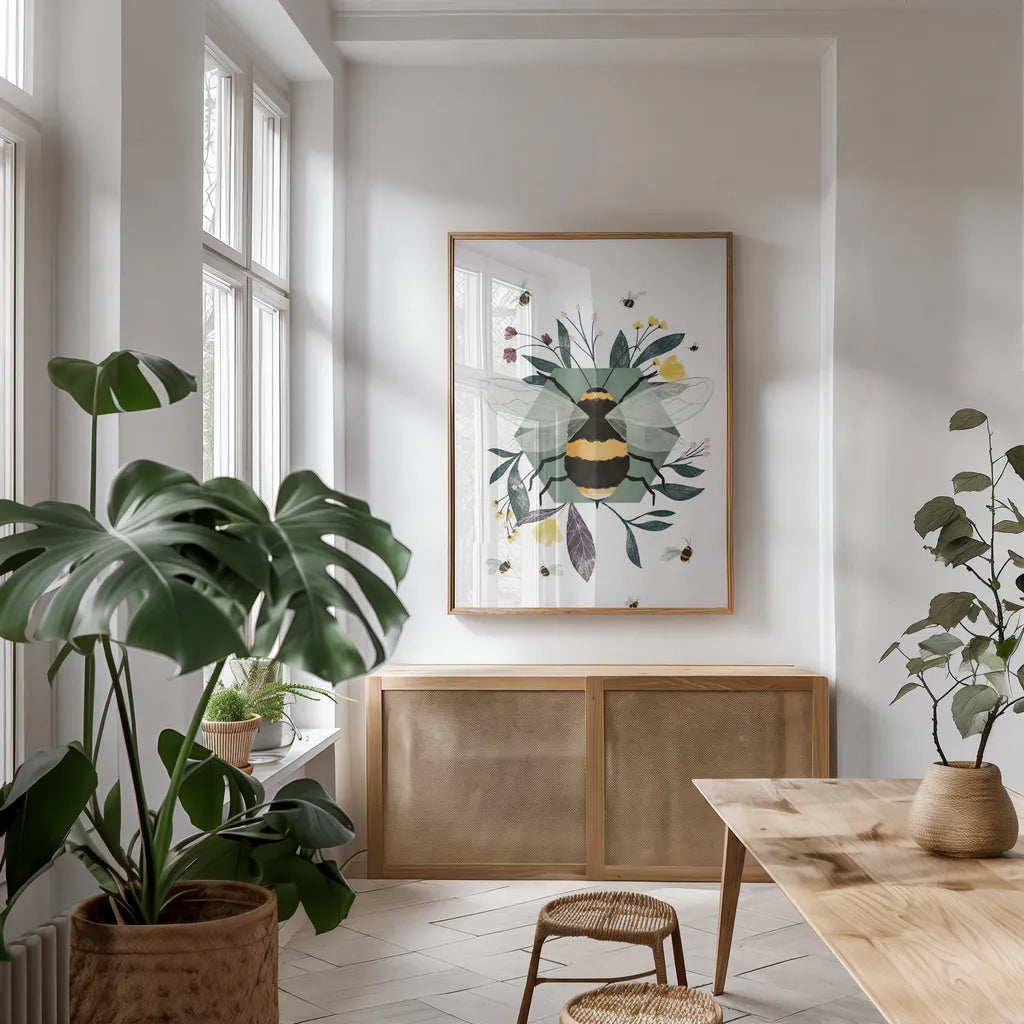 Bees I by Becky Thorns. shown as a print in a natural wood frame in a dining room. Available as a archival giclee rolled canvas, fine art paper, or poster print. SKU 67738h.
