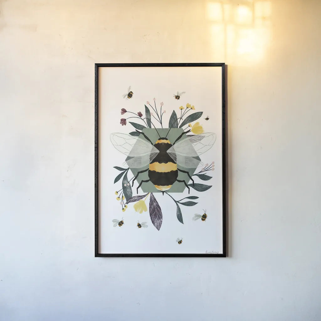 Bees I by Becky Thorns. shown as a paper print in a black flame. Available as a archival giclee rolled canvas, fine art paper, or poster print. SKU 67738h.