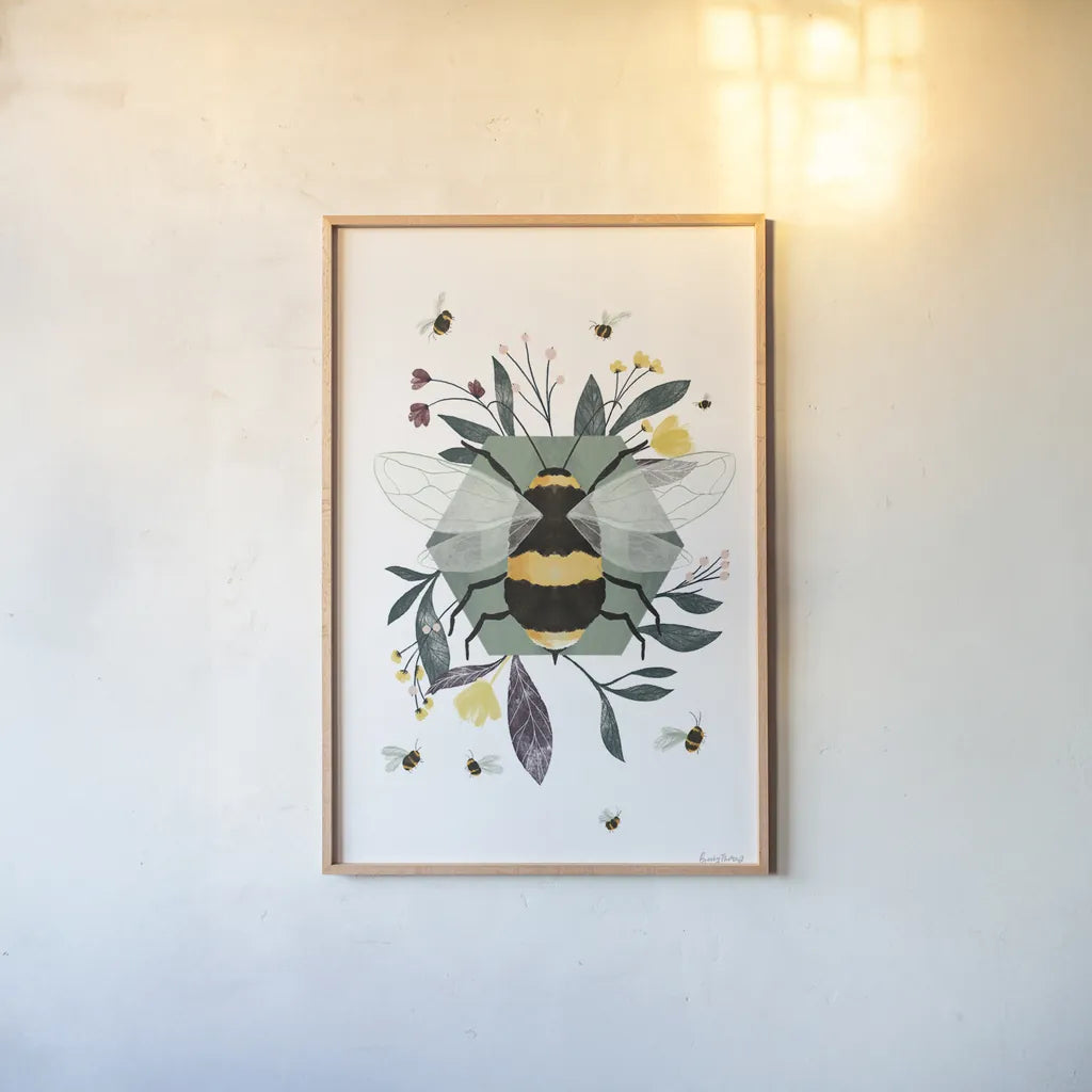 Bees I by Becky Thorns. shown as a paper print in a natural frame. Available as a archival giclee rolled canvas, fine art paper, or poster print. SKU 67738h.