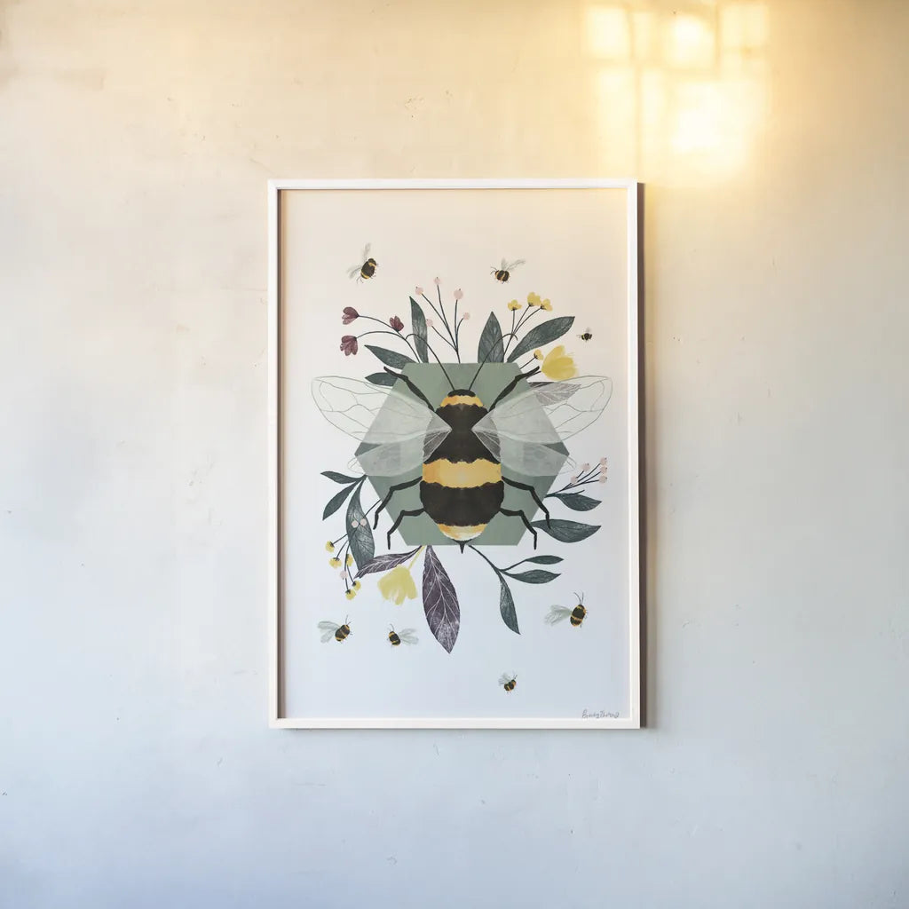 Bees I by Becky Thorns. shown as a paper print in a white frame. Available as a archival giclee rolled canvas, fine art paper, or poster print. SKU 67738h.