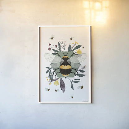 Bees I by Becky Thorns. shown as a paper print in a white frame. Available as a archival giclee rolled canvas, fine art paper, or poster print. SKU 67738h.
