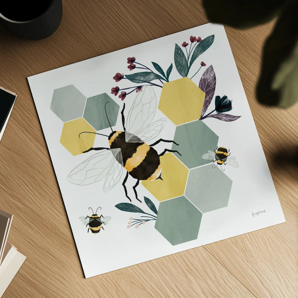 Bees II by Becky Thorns. Shown as a detailed flat fine art print, highlighting archival giclee quality. Available as an archival giclee rolled canvas, fine art paper, or poster print. SKU 67739a.