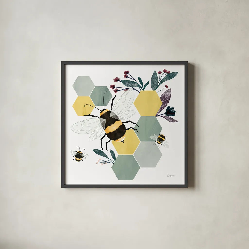 Bees II by Becky Thorns. Shown in a sleek black glass frame for a contemporary gallery look. Available as an archival giclee rolled canvas, fine art paper, or poster print. SKU 67739a.
