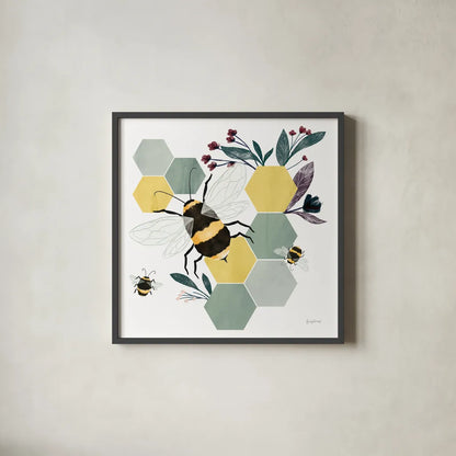 Bees II by Becky Thorns. Shown in a sleek black glass frame for a contemporary gallery look. Available as an archival giclee rolled canvas, fine art paper, or poster print. SKU 67739a.