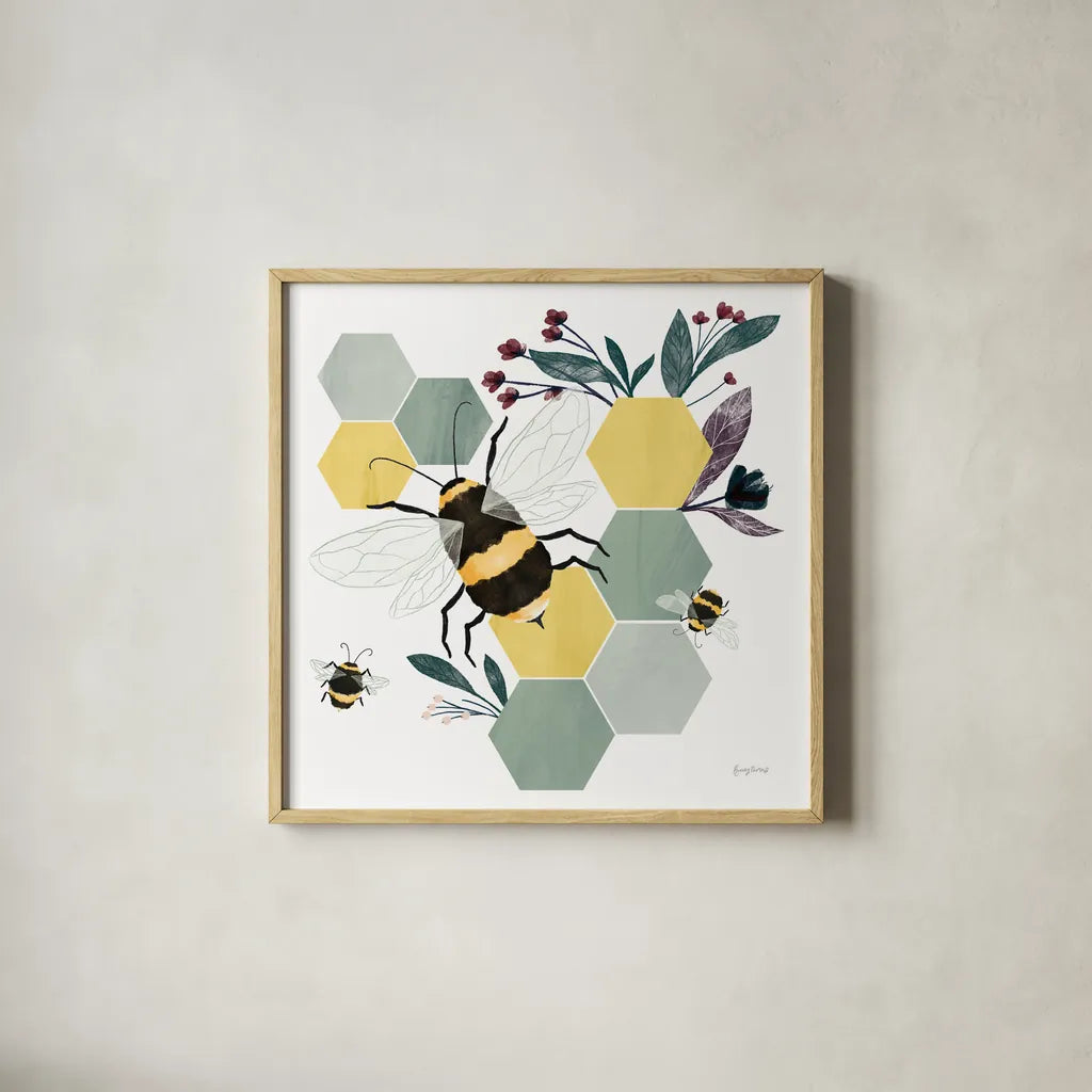 Bees II by Becky Thorns. Shown in a natural wood glass frame for a timeless modern aesthetic. Available as an archival giclee rolled canvas, fine art paper, or poster print. SKU 67739a.
