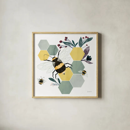 Bees II by Becky Thorns. Shown in a natural wood glass frame for a timeless modern aesthetic. Available as an archival giclee rolled canvas, fine art paper, or poster print. SKU 67739a.