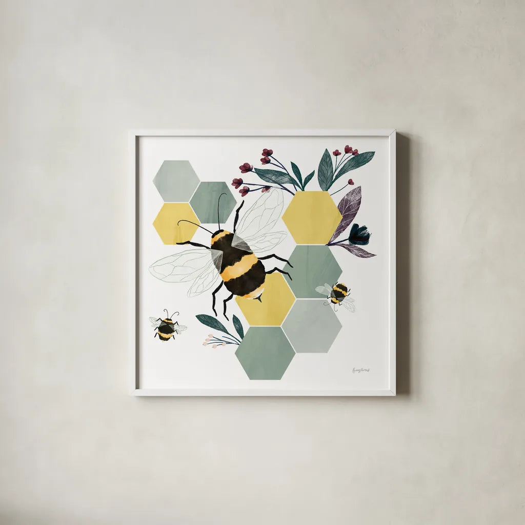 Bees II by Becky Thorns. Shown in a crisp white glass frame for a clean and minimalist style. Available as an archival giclee rolled canvas, fine art paper, or poster print. SKU 67739a.