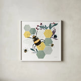 Bees II by Becky Thorns. Shown in a crisp white glass frame for a clean and minimalist style. Available as an archival giclee rolled canvas, fine art paper, or poster print. SKU 67739a.