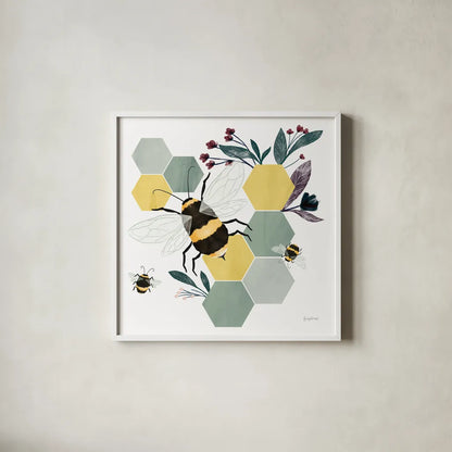 Bees II by Becky Thorns. Shown in a crisp white glass frame for a clean and minimalist style. Available as an archival giclee rolled canvas, fine art paper, or poster print. SKU 67739a.
