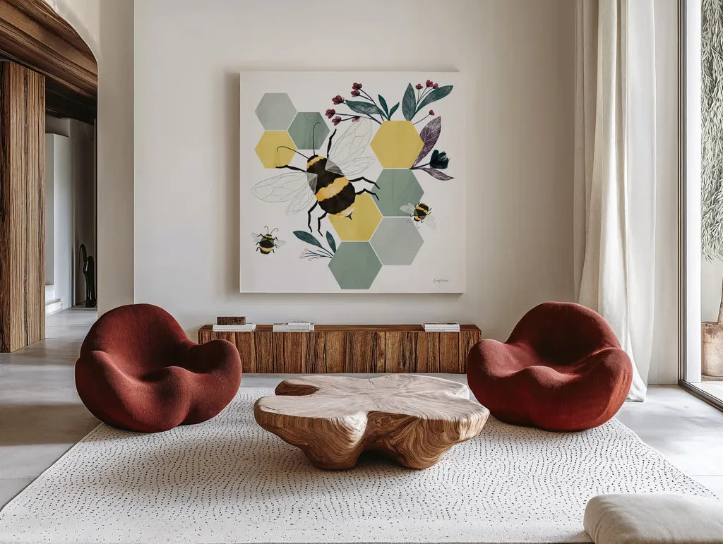 Bees II by Becky Thorns. Shown as extra-large giant wall art in a modern living room. Available as an archival giclee rolled canvas, fine art paper, or poster print. SKU 67739a.