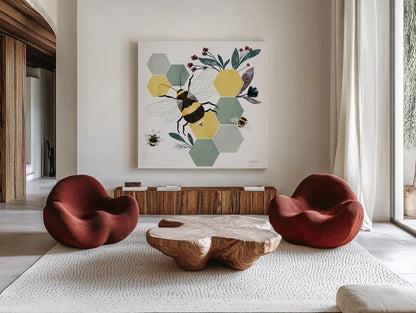 Bees II by Becky Thorns. Shown as extra-large giant wall art in a modern living room. Available as an archival giclee rolled canvas, fine art paper, or poster print. SKU 67739a.