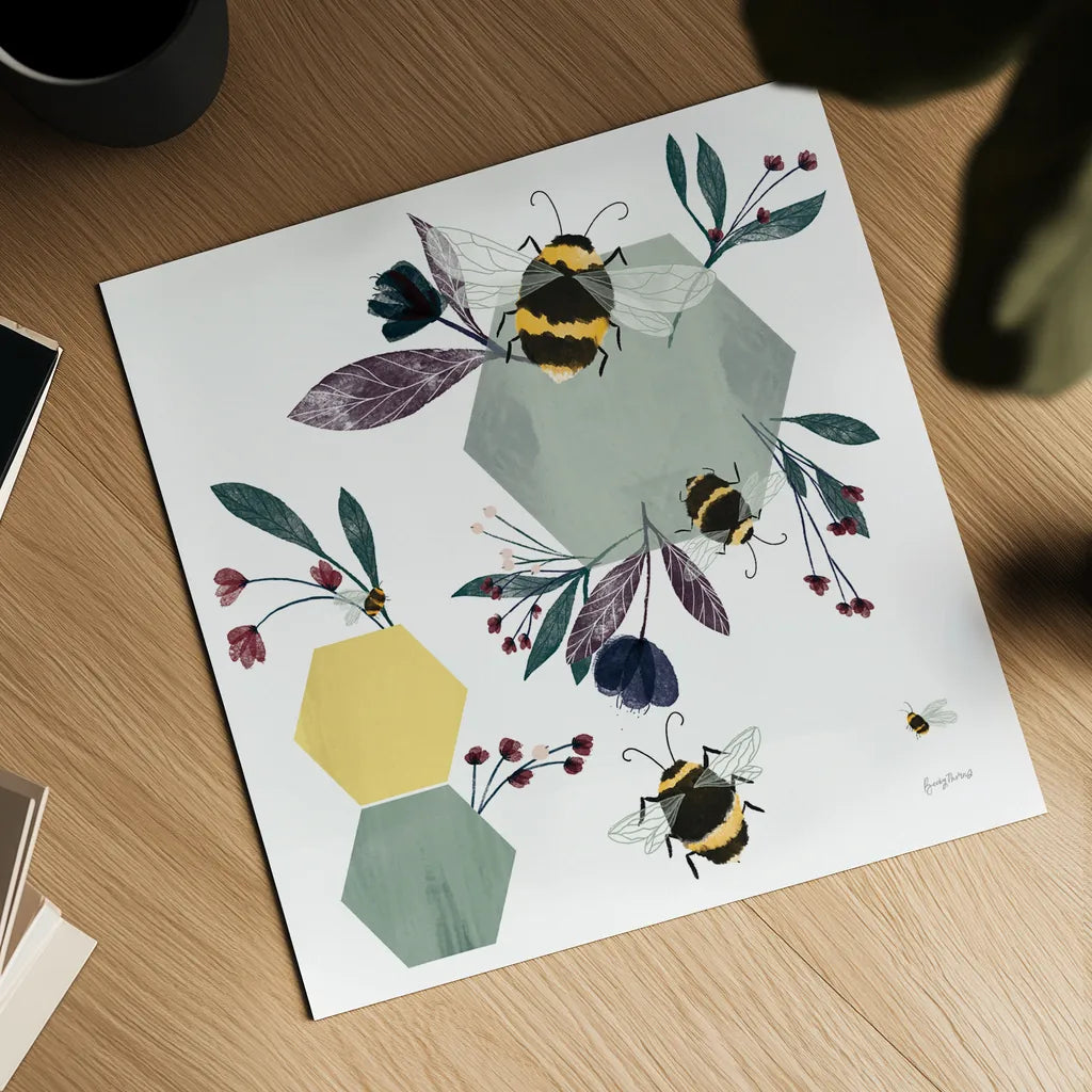 Bees III by Becky Thorns. Shown as a detailed flat fine art print, highlighting archival giclee quality. Available as an archival giclee rolled canvas, fine art paper, or poster print. SKU 67740a.