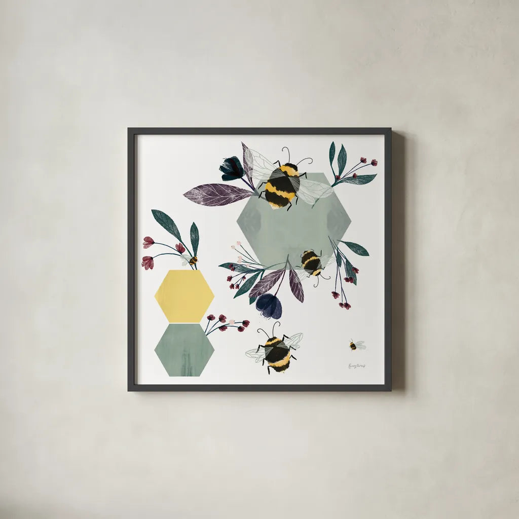 Bees III by Becky Thorns. Shown in a sleek black glass frame for a contemporary gallery look. Available as an archival giclee rolled canvas, fine art paper, or poster print. SKU 67740a.