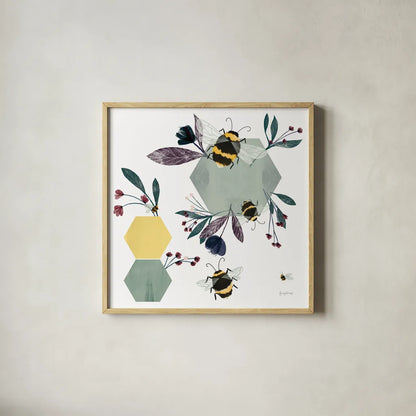 Bees III by Becky Thorns. Shown in a natural wood glass frame for a timeless modern aesthetic. Available as an archival giclee rolled canvas, fine art paper, or poster print. SKU 67740a.