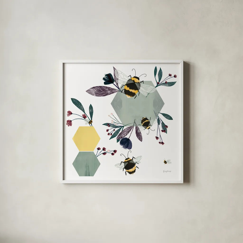 Bees III by Becky Thorns. Shown in a crisp white glass frame for a clean and minimalist style. Available as an archival giclee rolled canvas, fine art paper, or poster print. SKU 67740a.