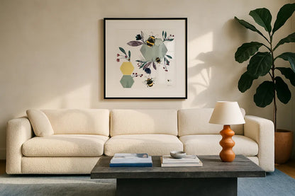 Bees III by Becky Thorns. Displayed in a glass frame with matte in a clean modern living room. Available as an archival giclee rolled canvas, fine art paper, or poster print. SKU 67740a.