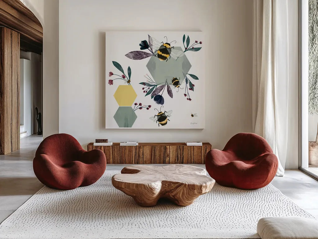 Bees III by Becky Thorns. Shown as extra-large giant wall art in a modern living room. Available as an archival giclee rolled canvas, fine art paper, or poster print. SKU 67740a.