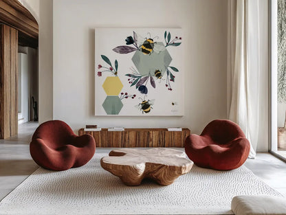 Bees III by Becky Thorns. Shown as extra-large giant wall art in a modern living room. Available as an archival giclee rolled canvas, fine art paper, or poster print. SKU 67740a.