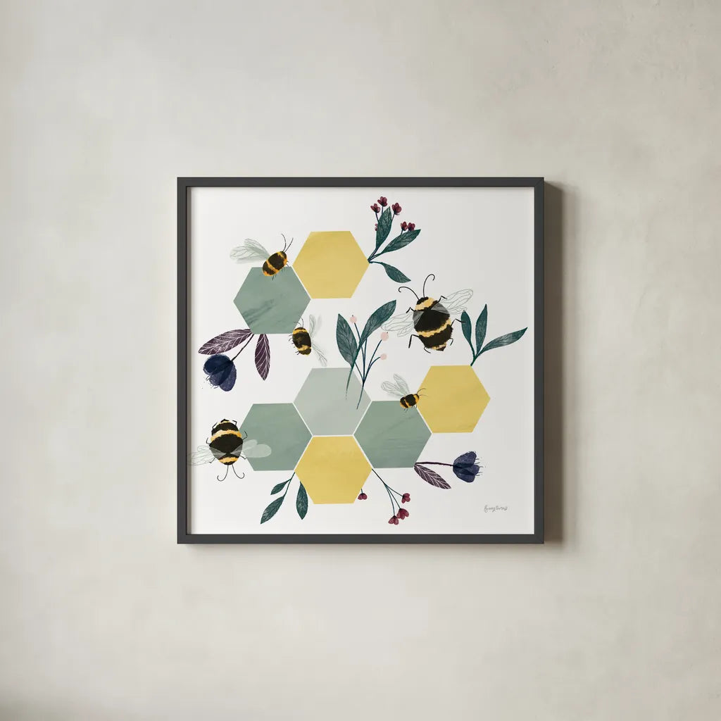 Bees IV by Becky Thorns. Shown in a sleek black glass frame for a contemporary gallery look. Available as an archival giclee rolled canvas, fine art paper, or poster print. SKU 67741a.