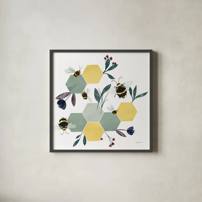 Bees IV by Becky Thorns. Shown in a sleek black glass frame for a contemporary gallery look. Available as an archival giclee rolled canvas, fine art paper, or poster print. SKU 67741a.