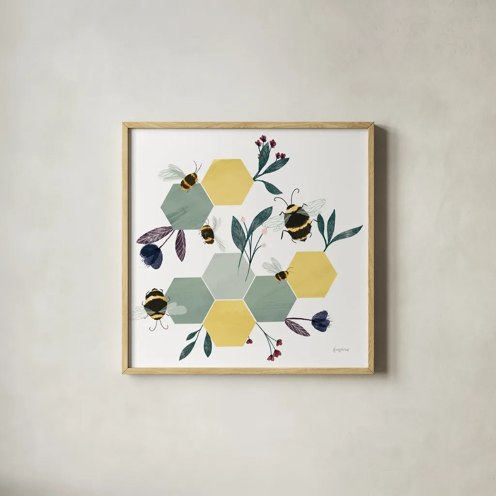 Bees IV by Becky Thorns. Shown in a natural wood glass frame for a timeless modern aesthetic. Available as an archival giclee rolled canvas, fine art paper, or poster print. SKU 67741a.