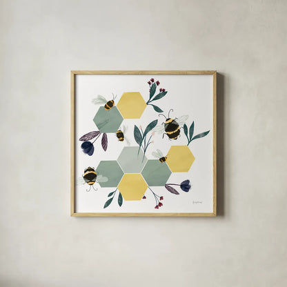 Bees IV by Becky Thorns. Shown in a natural wood glass frame for a timeless modern aesthetic. Available as an archival giclee rolled canvas, fine art paper, or poster print. SKU 67741a.
