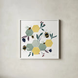 Bees IV by Becky Thorns. Shown in a crisp white glass frame for a clean and minimalist style. Available as an archival giclee rolled canvas, fine art paper, or poster print. SKU 67741a.