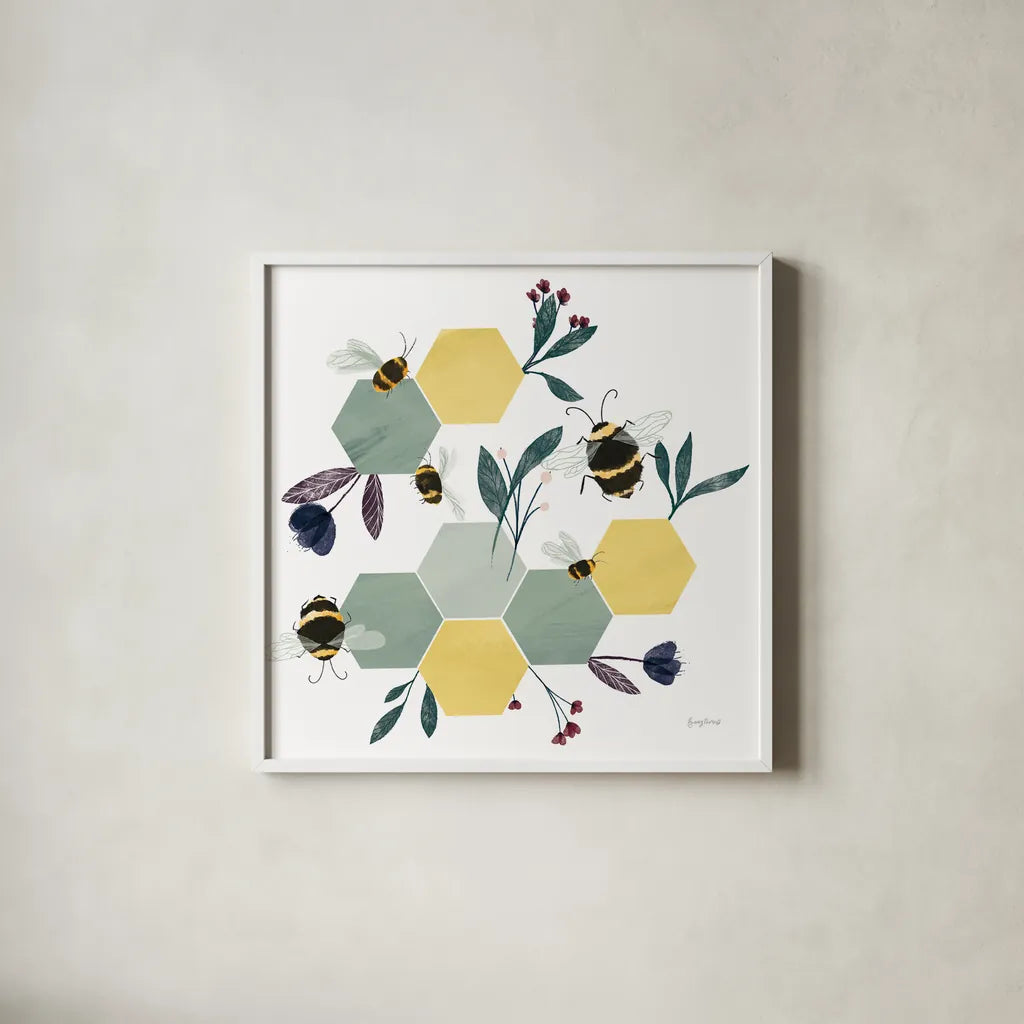 Bees IV by Becky Thorns. Shown in a crisp white glass frame for a clean and minimalist style. Available as an archival giclee rolled canvas, fine art paper, or poster print. SKU 67741a.