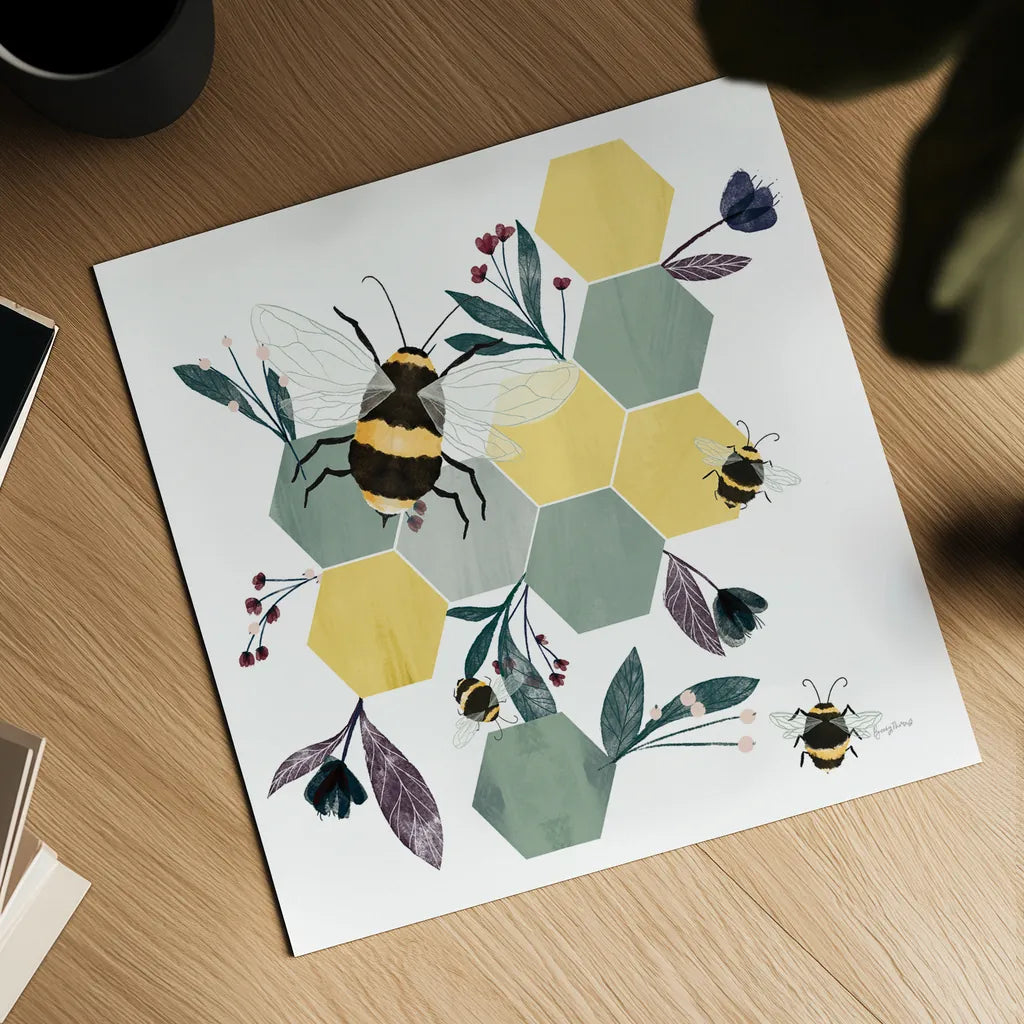 Bees V by Becky Thorns. Shown as a detailed flat fine art print, highlighting archival giclee quality. Available as an archival giclee rolled canvas, fine art paper, or poster print. SKU 67742a.