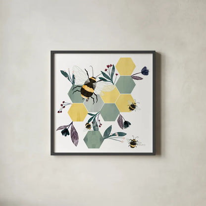Bees V by Becky Thorns. Shown in a sleek black glass frame for a contemporary gallery look. Available as an archival giclee rolled canvas, fine art paper, or poster print. SKU 67742a.