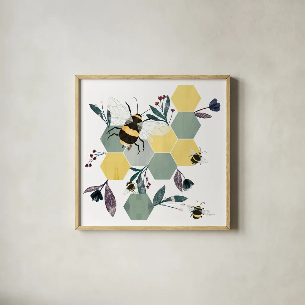 Bees V by Becky Thorns. Shown in a natural wood glass frame for a timeless modern aesthetic. Available as an archival giclee rolled canvas, fine art paper, or poster print. SKU 67742a.