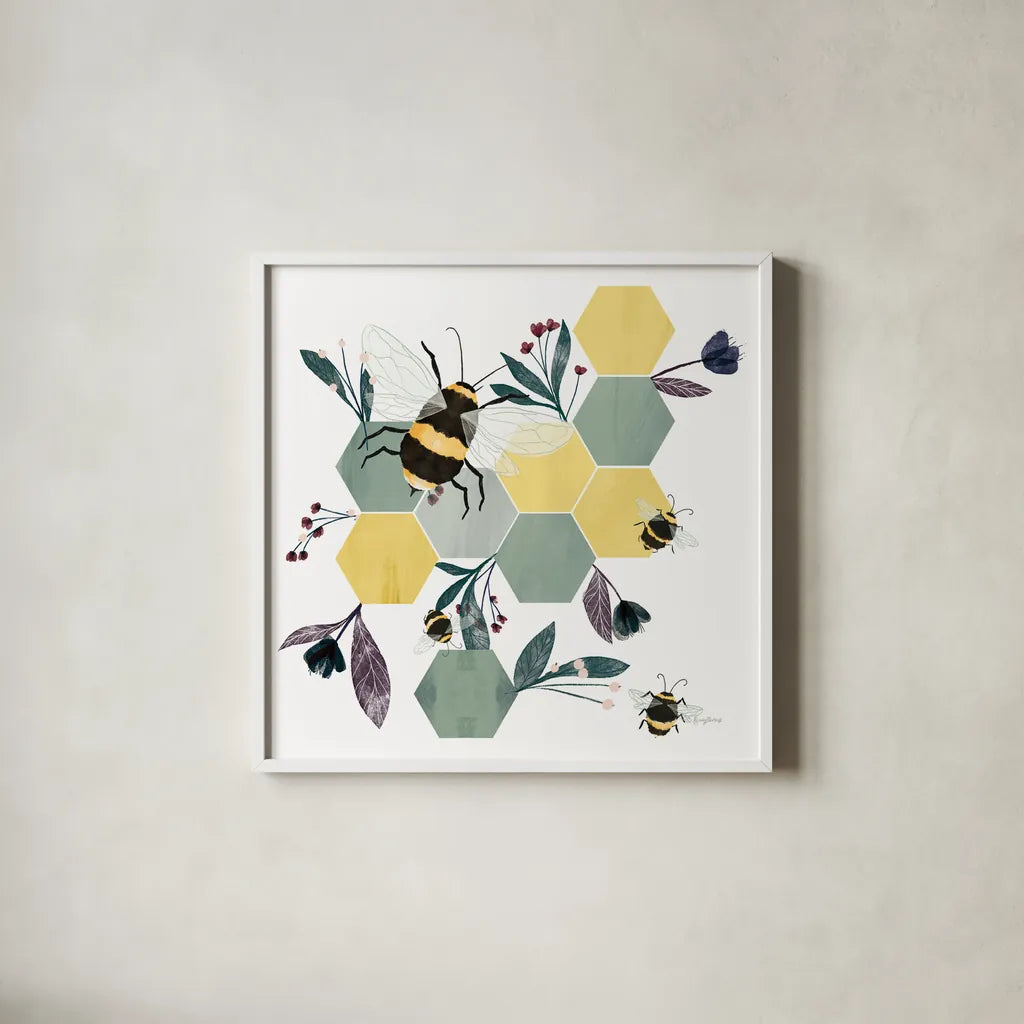 Bees V by Becky Thorns. Shown in a crisp white glass frame for a clean and minimalist style. Available as an archival giclee rolled canvas, fine art paper, or poster print. SKU 67742a.