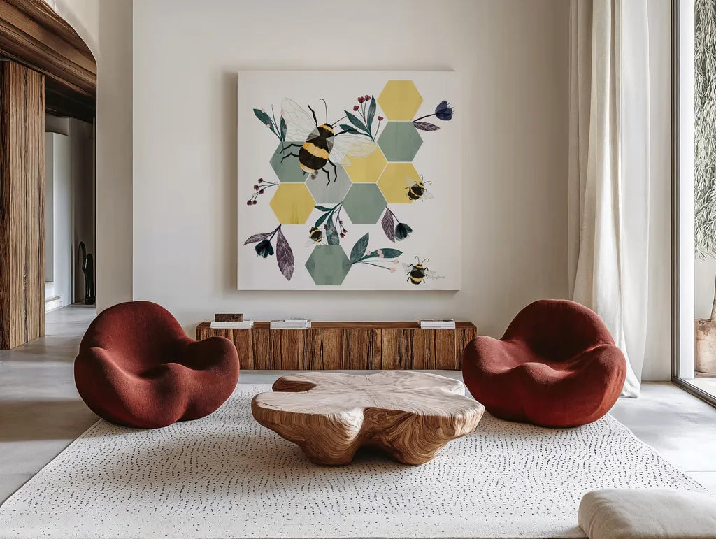 Bees V by Becky Thorns. Shown as extra-large giant wall art in a modern living room. Available as an archival giclee rolled canvas, fine art paper, or poster print. SKU 67742a.