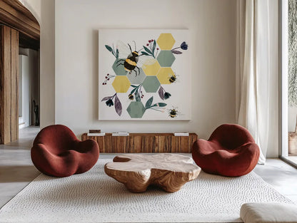 Bees V by Becky Thorns. Shown as extra-large giant wall art in a modern living room. Available as an archival giclee rolled canvas, fine art paper, or poster print. SKU 67742a.