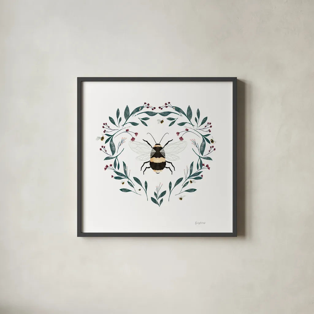 Bees VI by Becky Thorns. Shown in a sleek black glass frame for a contemporary gallery look. Available as an archival giclee rolled canvas, fine art paper, or poster print. SKU 70689a.