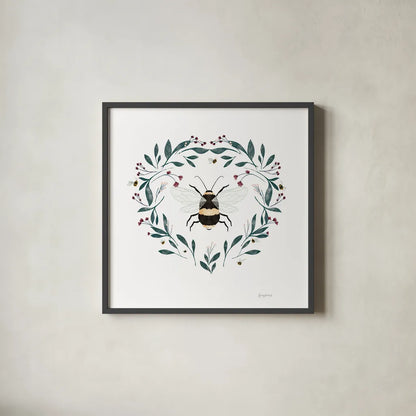 Bees VI by Becky Thorns. Shown in a sleek black glass frame for a contemporary gallery look. Available as an archival giclee rolled canvas, fine art paper, or poster print. SKU 70689a.